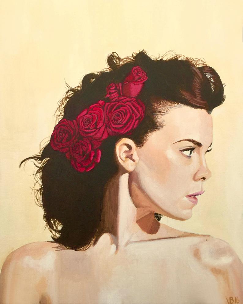 794x993 Print Acrylic Painting Girl With Roses In Her Etsy - Girl With Flowers In Her Hair Drawing