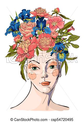 323x470 Spring Woman With Flowers Her Hair Spring Woman Illustration - Girl With Flowers In Her Hair Drawing