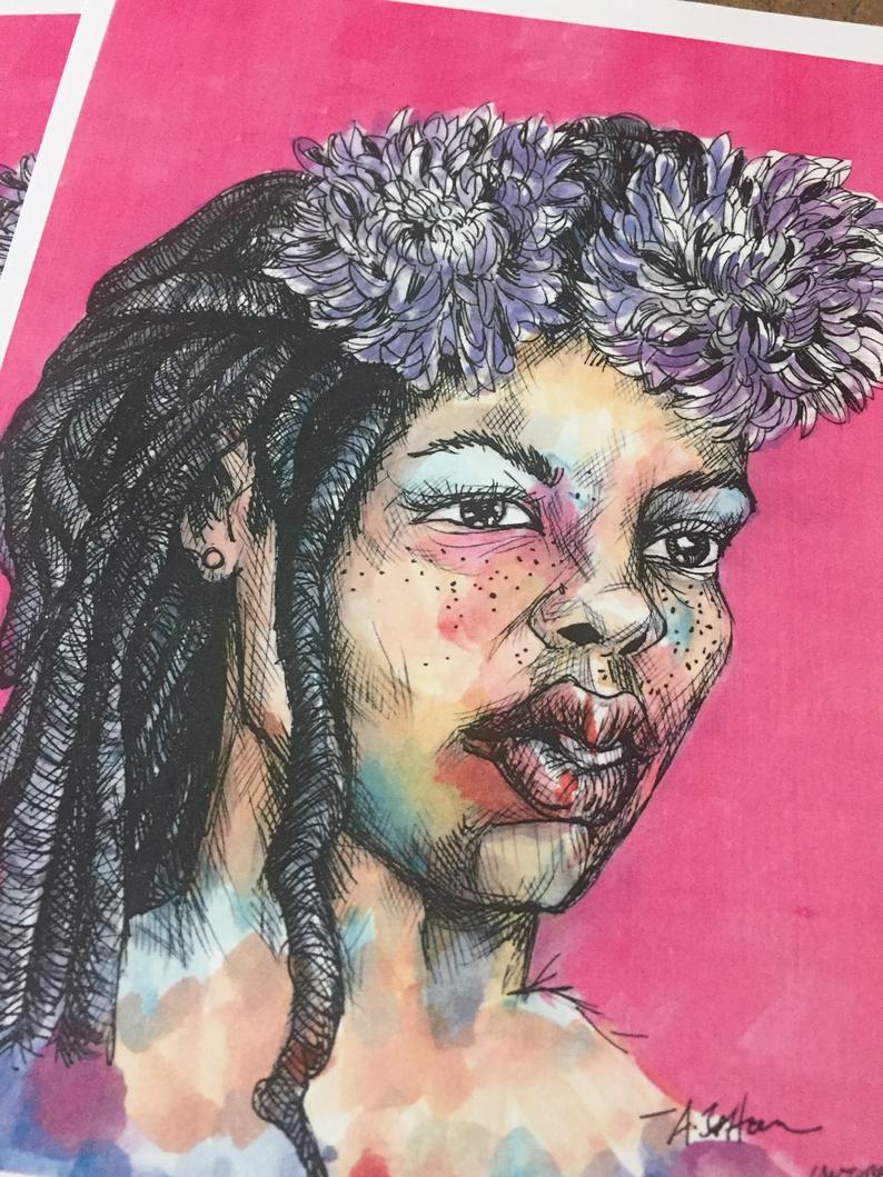 794x1059 Art Print Girl With Flowers In Her Hair Etsy - Girl With Flowers In Her Hair Drawing