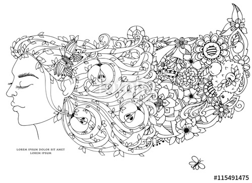 500x364 vector illustration zen tangle, girl, woman with flowers in her - Girl With Flowers In Her Hair Drawing