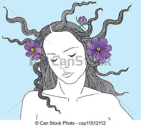 450x405 Woman With Flowers In Her Hair Drawing Of Woman With Closed Eyes - Girl With Flowers In Her Hair Drawing