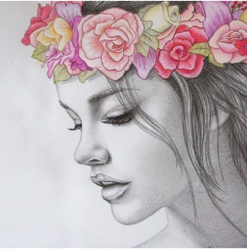 500x504 In Her Hair Illustration - Girl With Flowers In Her Hair Drawing