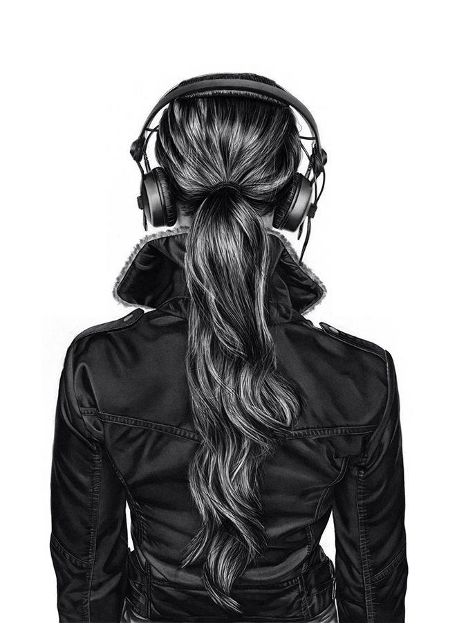 661x900 back head girl with headphone - Girl With Headphones Drawing