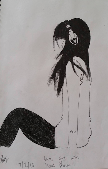 366x573 Black And White Anime Girl Wearing Headphones - Girl With Headphones Drawing