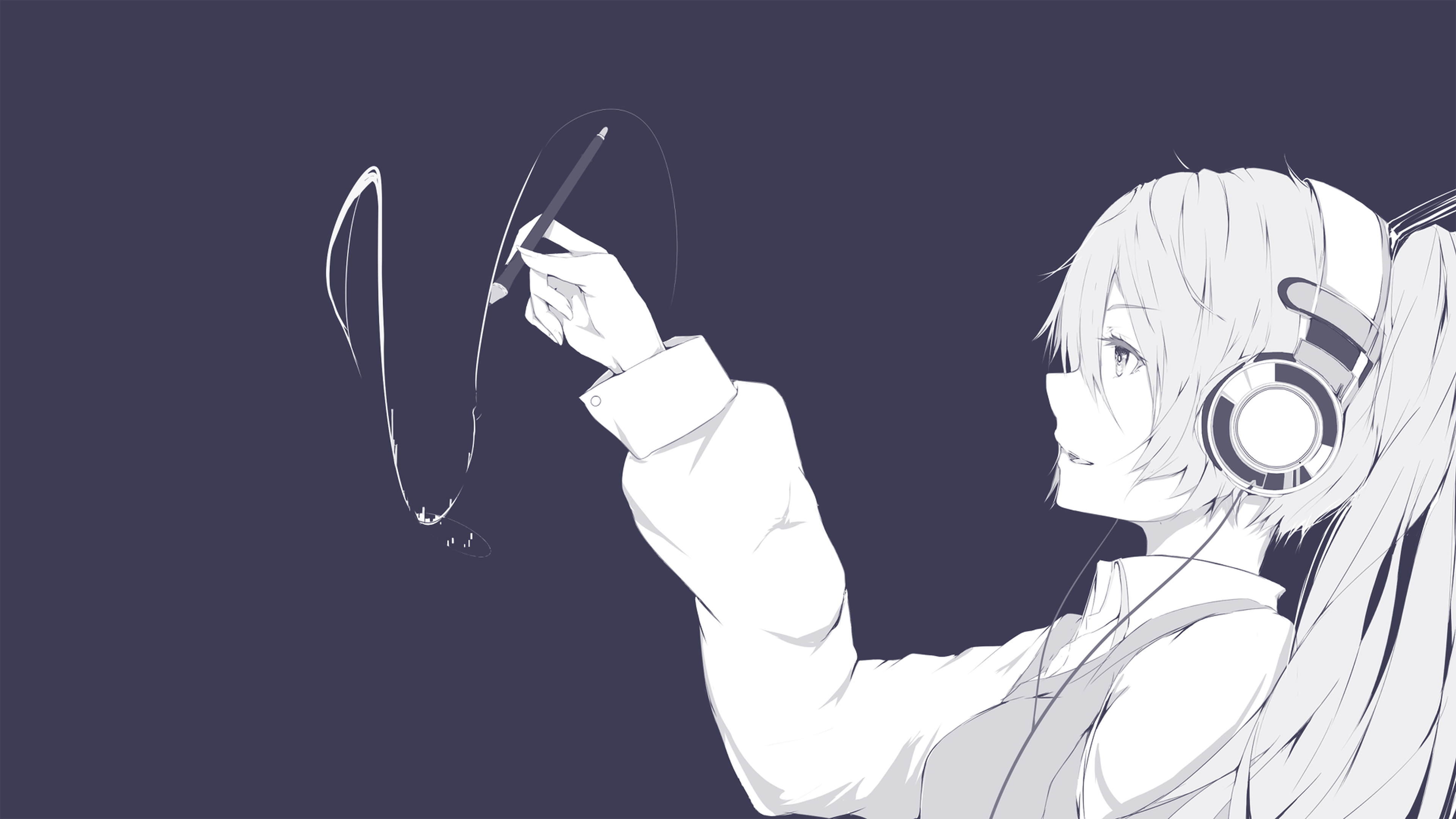 3840x2160 Download Anime Girl, Drawing, Headphones, Only White - Girl With Headphones Drawing