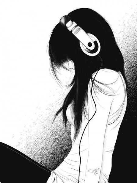 450x600 Girl With Headphones Drawing - Girl With Headphones Drawing