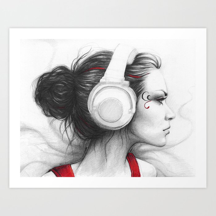 700x700 Music Girl In Headphones Art Print - Girl With Headphones Drawing