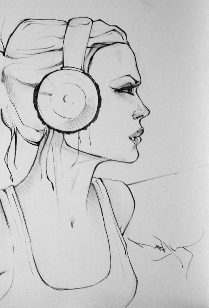 697x1024 Drawing In Music Drawings, Art - Girl With Headphones Drawing