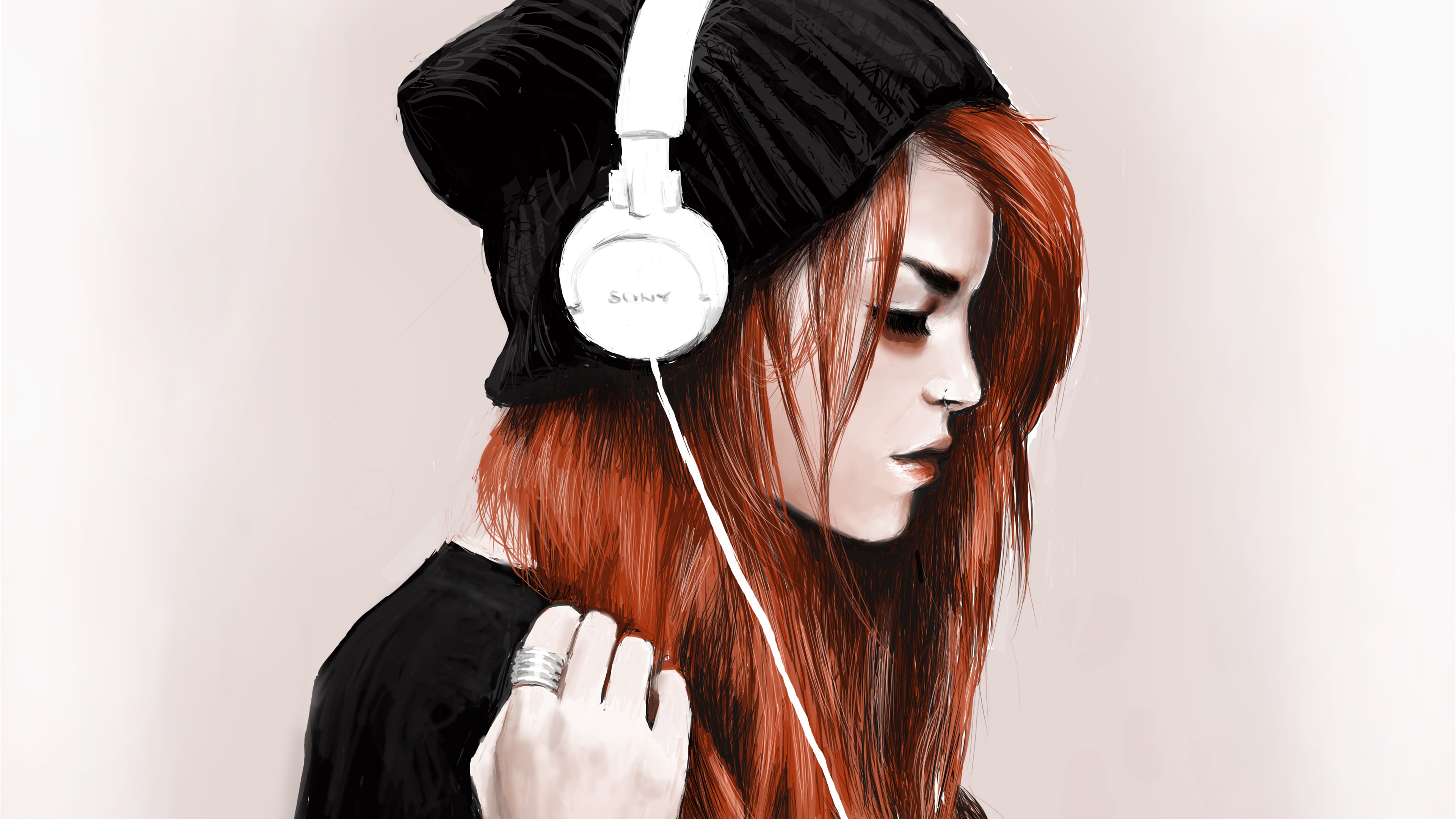 3840x2160 wallpaper red hair girl, headphones, listen music, art drawing - Girl With Headphones Drawing