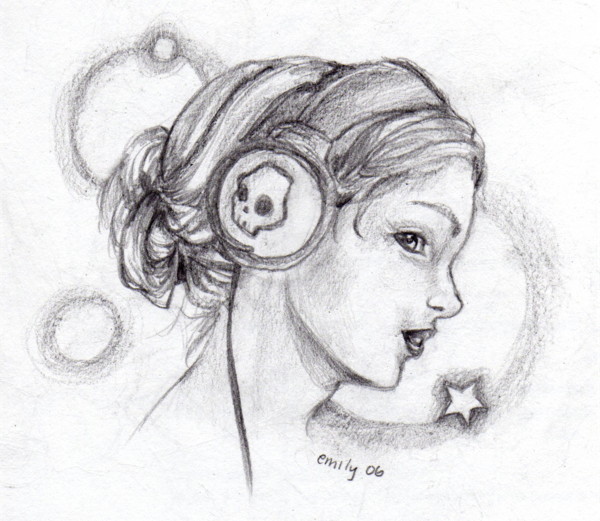 600x521 Girl With Headphones - Girl With Headphones Drawing