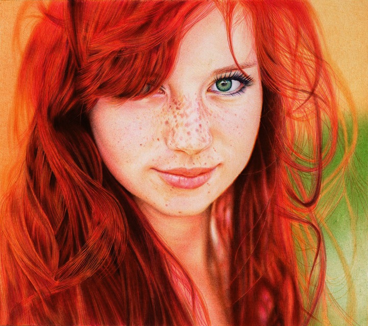 721x640 extraordinary hyperrealistic ballpoint pen portrait - Girl With Red Hair Drawing