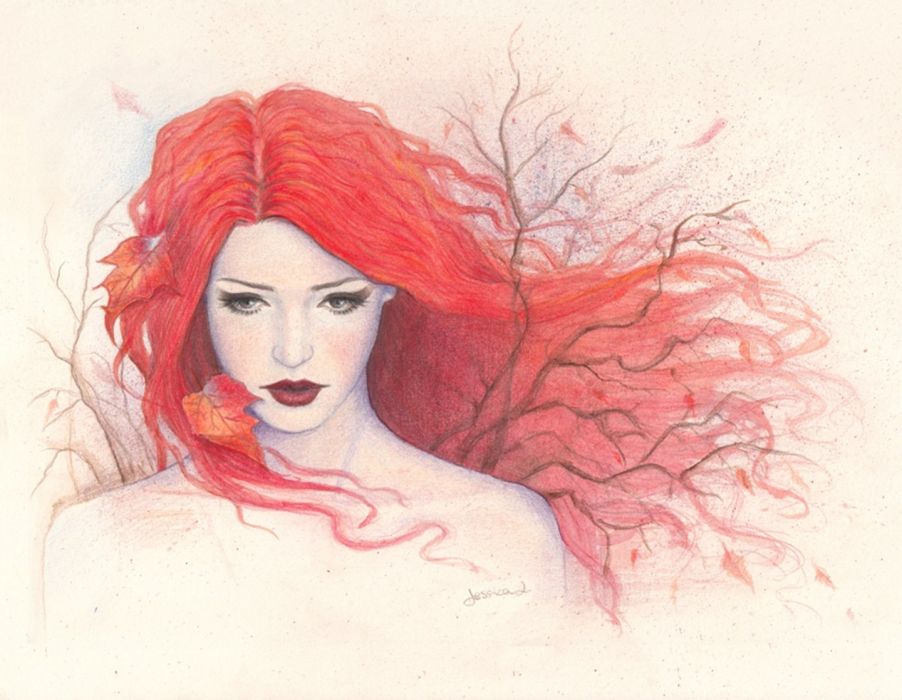 902x700 Pencil Girl Painting Drawing Autumn Red Hair Art Wallpaper - Girl With Red Hair Drawing