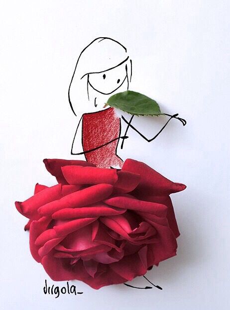 462x624 drawing of girl wearing a dress made out of a red rose leave - Girl With Rose Drawing