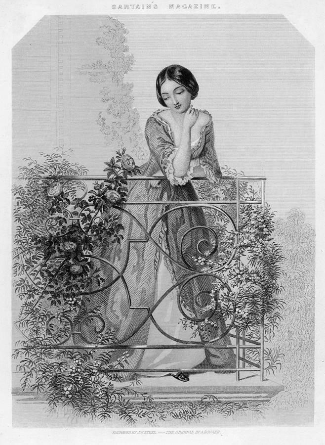 658x900 Dreamy Girl On Rose Laden Balcony Drawing - Girl With Rose Drawing
