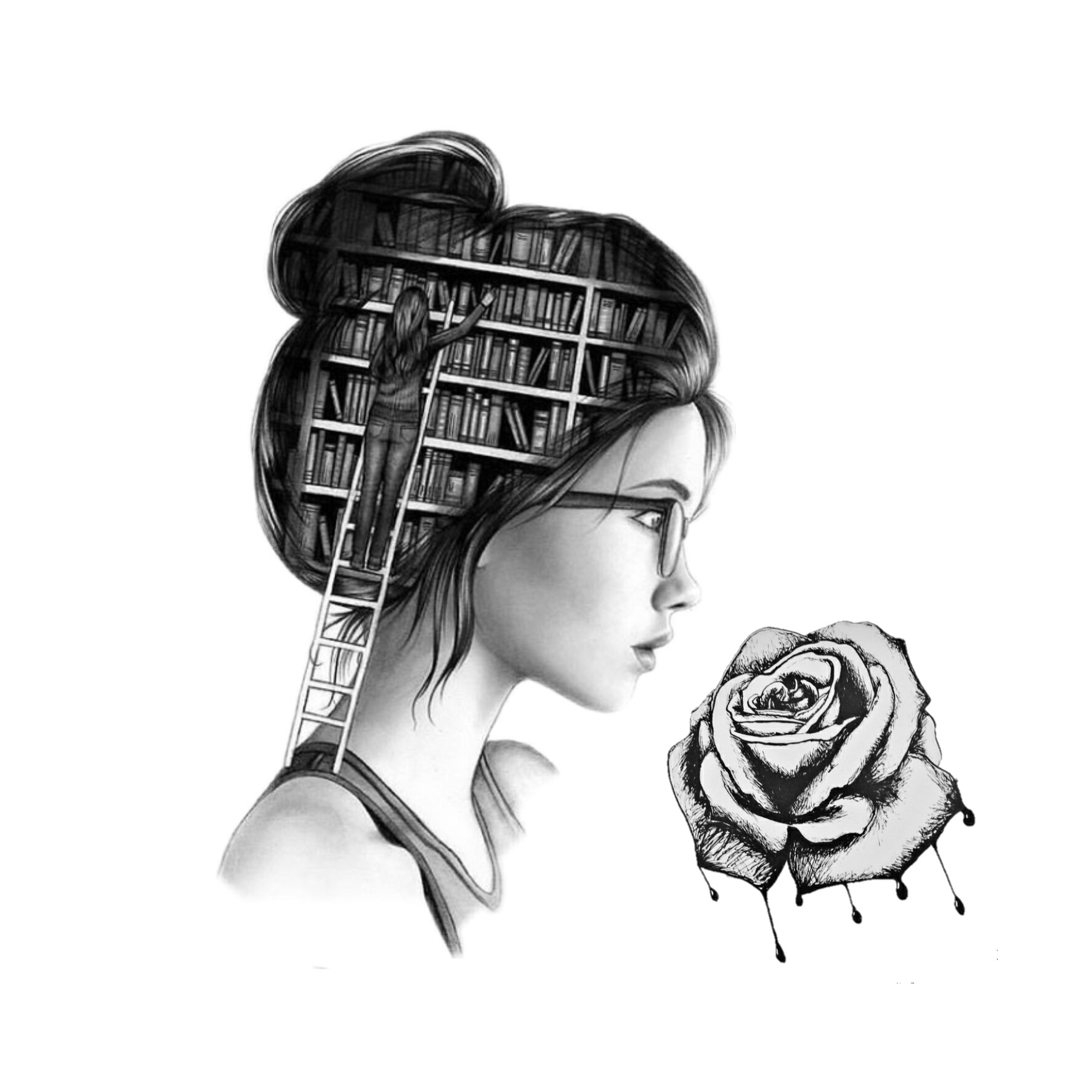 1773x1773 Freetoedit Girl Woman Books Ladder Rose Drawing Glasses - Girl With Rose Drawing