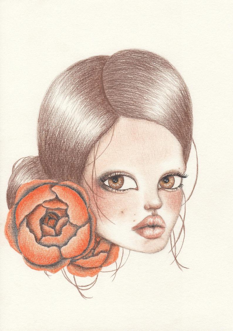 794x1127 Portrait Orange Rose Girl Pencil Drawing Art Print Etsy - Girl With Rose Drawing