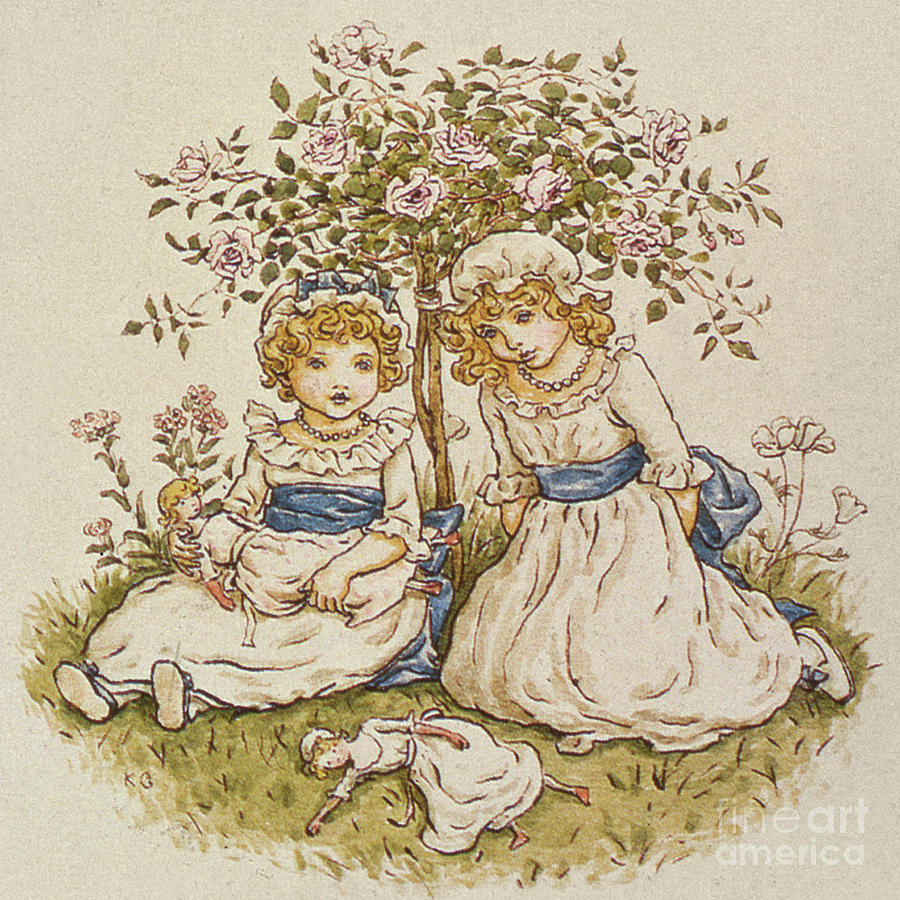 900x900 Two Girls With Dolls Sitting Under A Rose Bush, Century - Girl With Rose Drawing