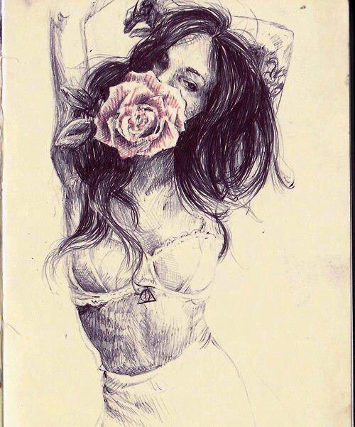 500x601 Amazing, Art, Beautiful, Drawing, Flowers, Girl, Rose - Girl With Rose Drawing