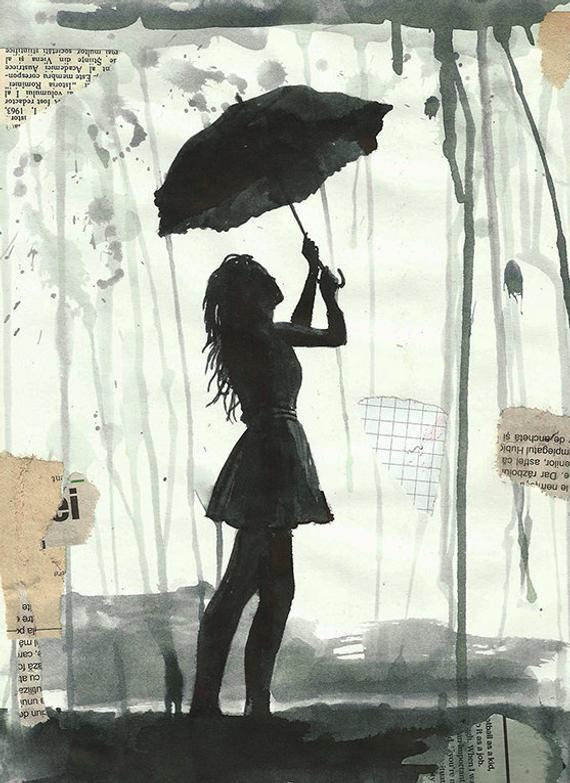 570x783 Print Art Canvas Gift Poster Ink Drawing Watercolor Mixed Etsy - Girl With Umbrella Drawing