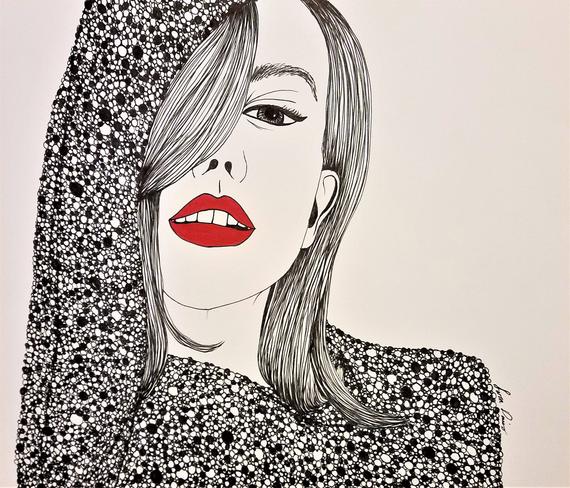 570x488 Pen Ink Fashion Illustration Glamour Custom Drawing Etsy - Glamour Drawing