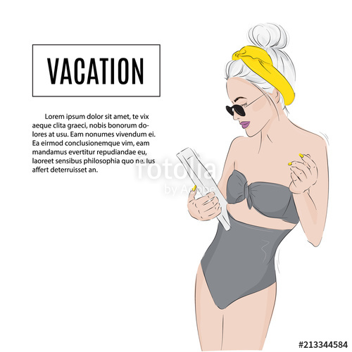 500x500 Vector Fashion Model Woman In Swimsuit Reading Magazine Summer - Glamour Drawing