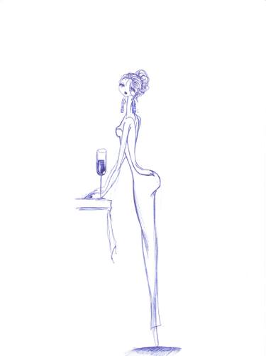 375x502 Girl With A Glass Of Wine Drawing - Glass Of Wine Drawing