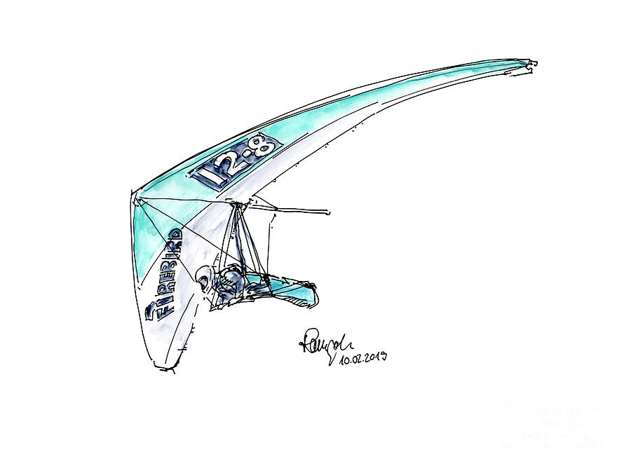 900x675 firebird laser hang glider ink drawing and watercolor drawing - Glider Drawing