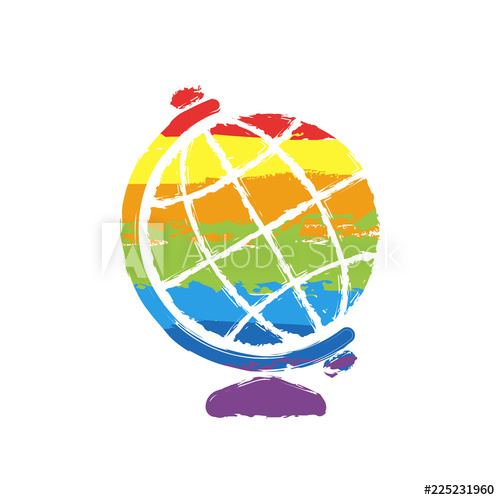500x500 simple globe symbol drawing sign with lgbt style, seven colors - Globe Drawing Simple