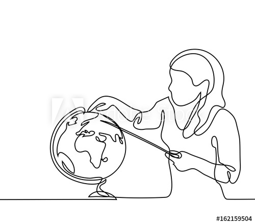 500x438 teacher with pointer and globe continuous line drawing vector - Globe Drawing Vector