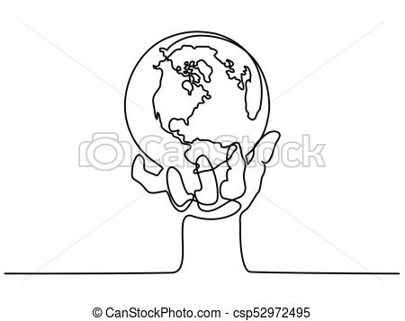 450x357 Continuous Line Drawing Globe Of The Earth In Human Hand Map - Globe Line Drawing