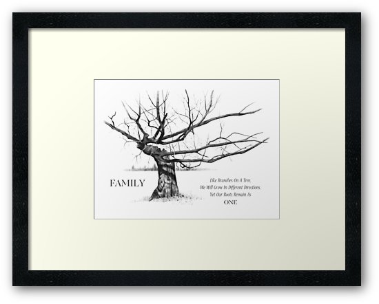 550x442 family quote, with gnarly tree in pencil drawing framed prints - Gnarled Tree Drawing