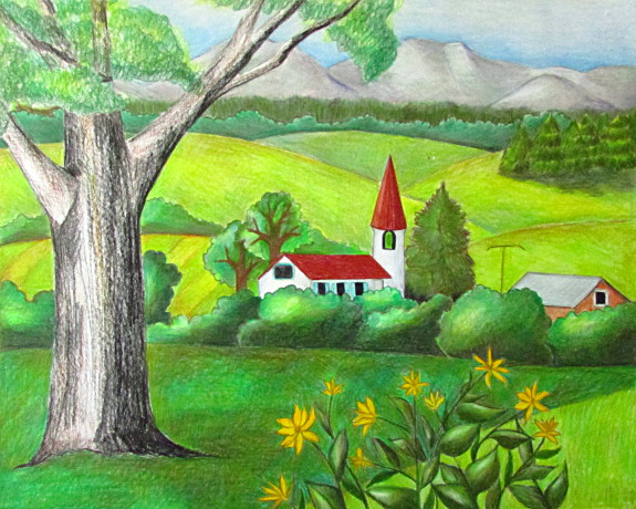 575x460 Color Pencil Landscape Drawing - Go Green Drawing