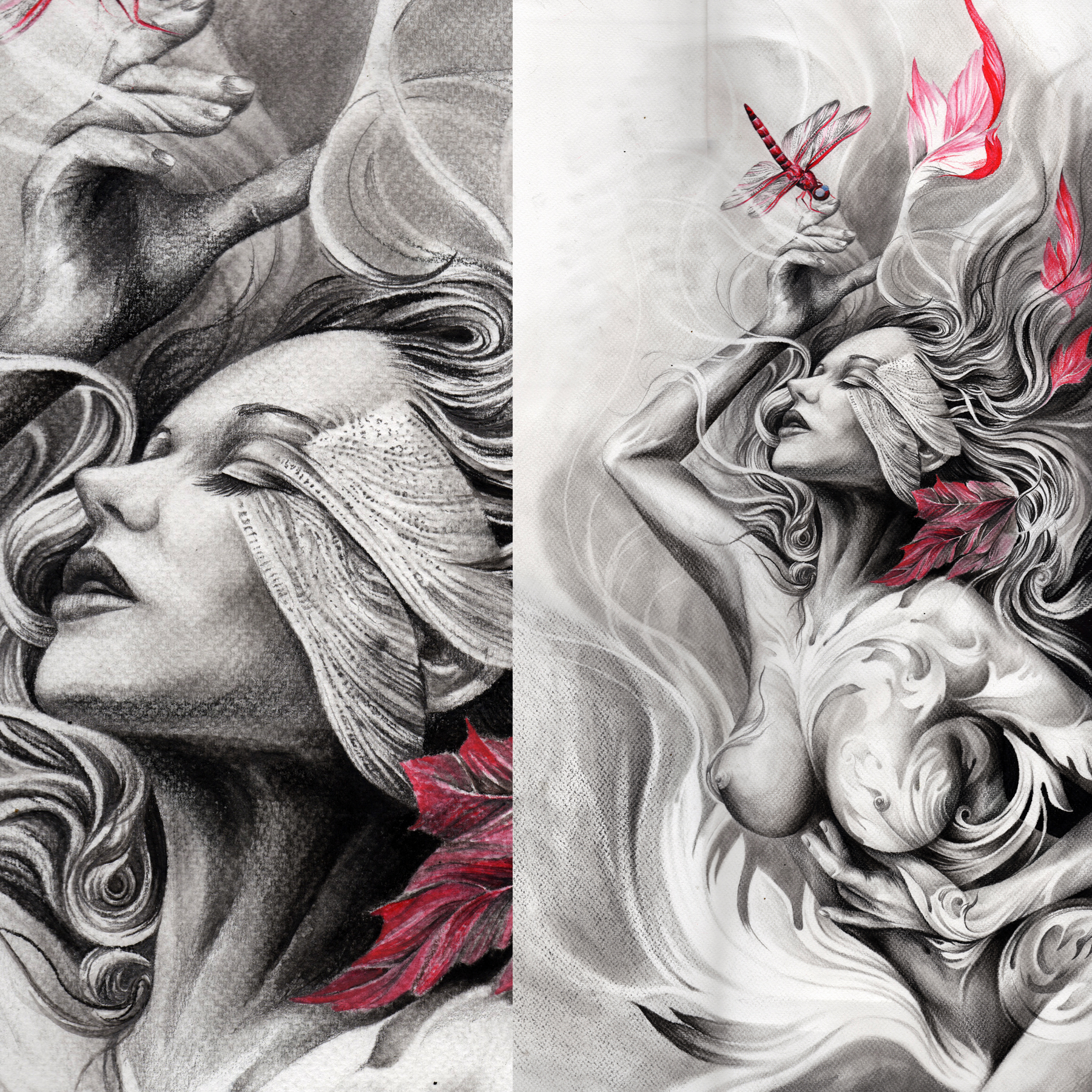 1800x1800 dragonfly goddess charcoal drawing - Goddess Drawing