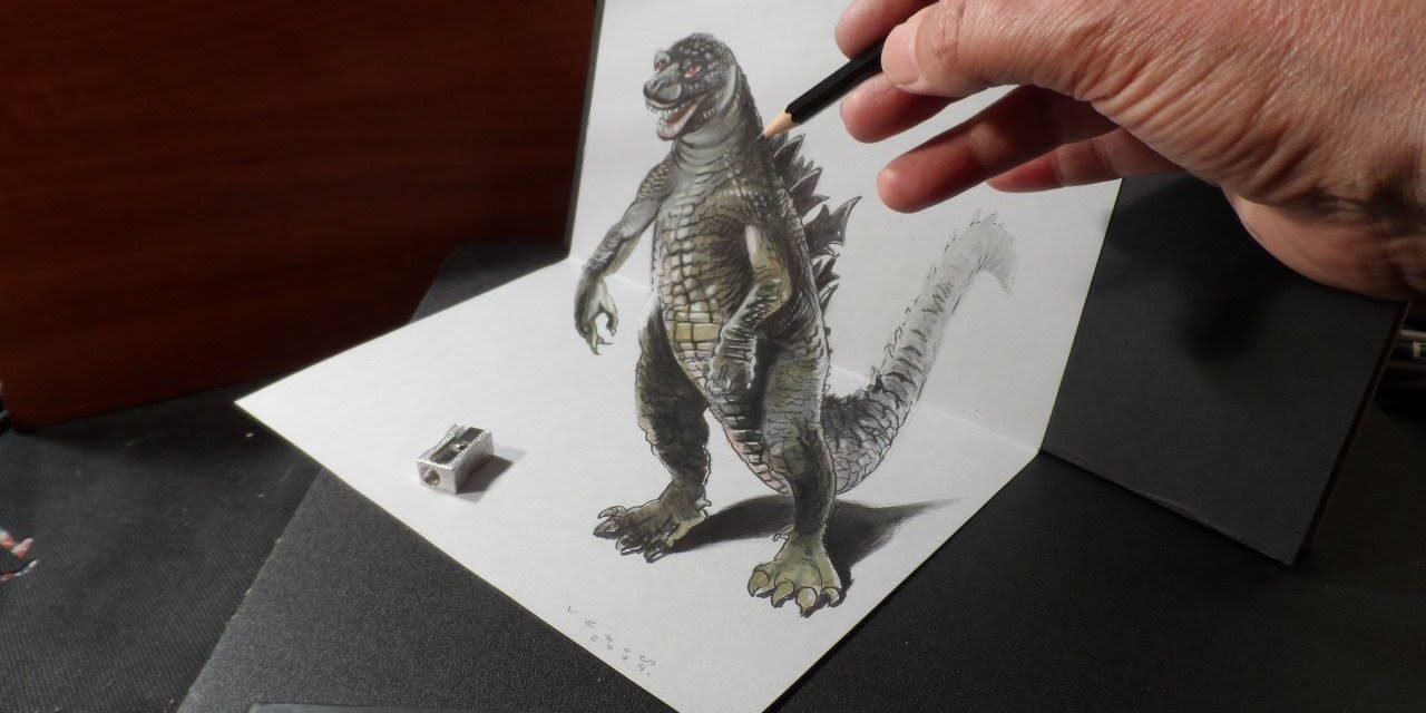1280x640 Drawing Godzilla, Trick Art, Time Lapse - Godzilla Drawing