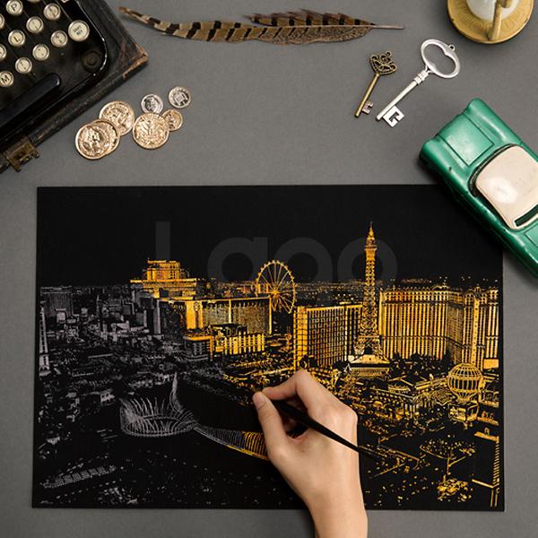 600x600 scratch night view, scratch drawing, black, gold, lago design inc - Gold Drawing
