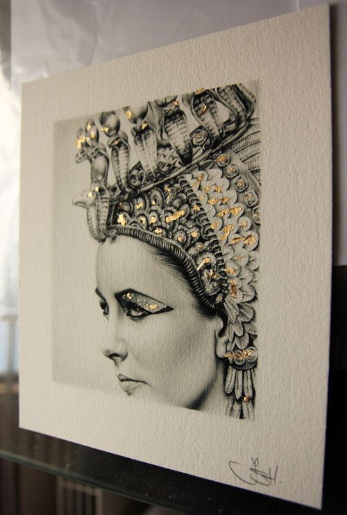 500x742 Elizabeth Taylor Pencil Portrait Drawing Fine Art Limited Edition - Gold Leaf Drawing