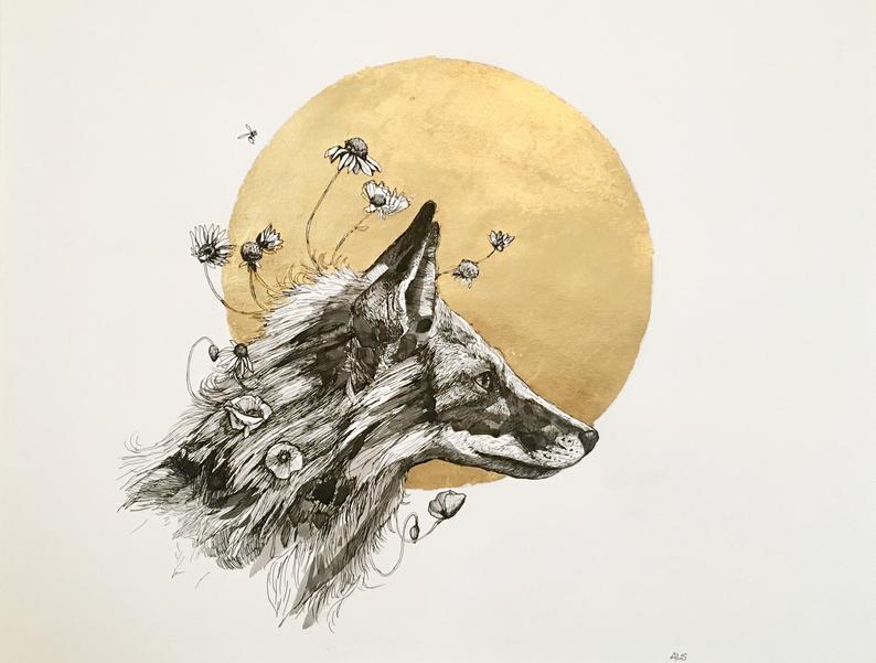 794x601 Fox Drawing With Gold Leaf Etsy - Gold Leaf Drawing