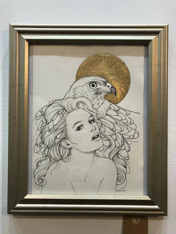 570x759 Hawk Spirit Drawing Gold Leaf Etsy - Gold Leaf Drawing