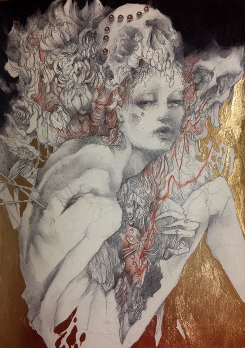 496x703 image of fragile x graphite and gold leaf drawing - Gold Leaf Drawing
