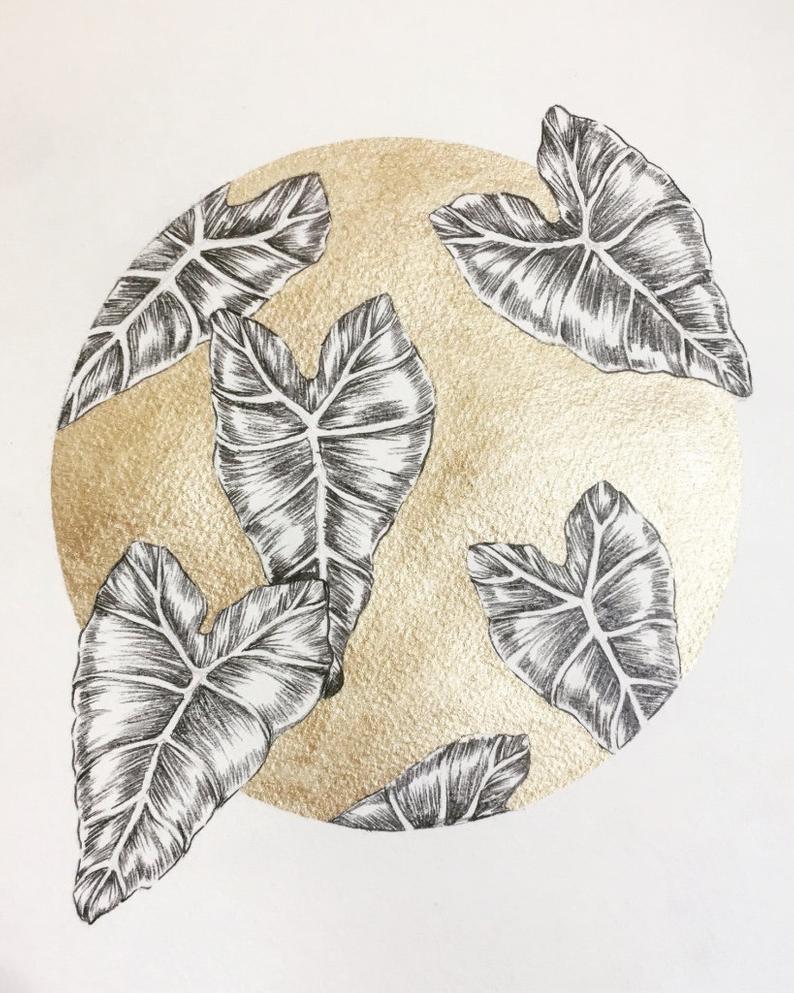 794x993 original drawings with gold details leaf drawing gold etsy - Gold Leaf Drawing