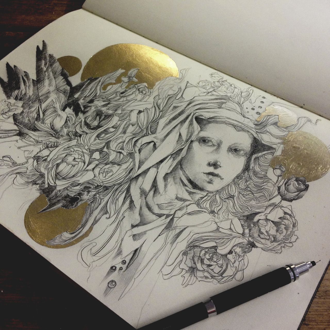 1280x1280 Craww Graphite And Gold Leaf In My Moleskine Having A Lot Of Fun - Gold Leaf Drawing