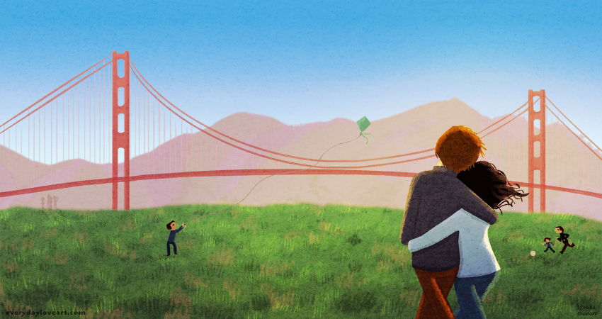 850x450 Everyday Love Art Of Nidhi Chanani Crissy Field Prints - Golden Gate Bridge Cartoon Drawing