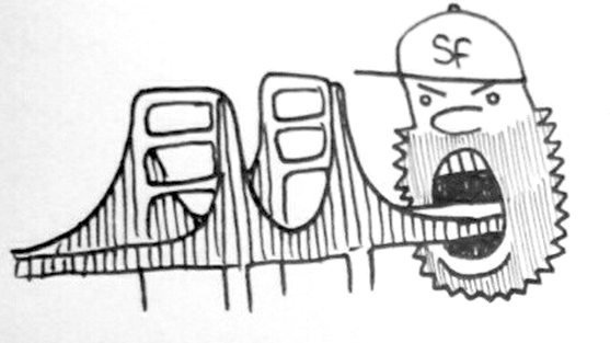 557x313 Here's A Drawing Of An Angry, Bearded San Franciscan Eating - Golden Gate Bridge Cartoon Drawing