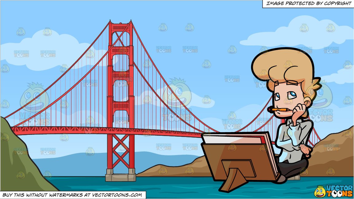 1152x648 a man playing with his pencil before drawing and the golden gate - Golden Gate Bridge Cartoon Drawing