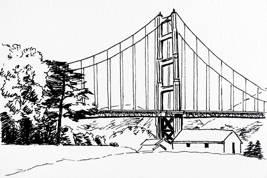 900x600 Golden Gate Bridge Black N White Drawing - Golden Gate Bridge Line Drawing