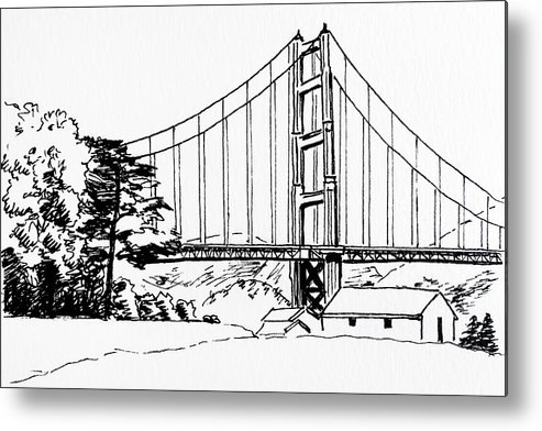493x392 Golden Gate Bridge Black N White Metal Print - Golden Gate Bridge Line Drawing