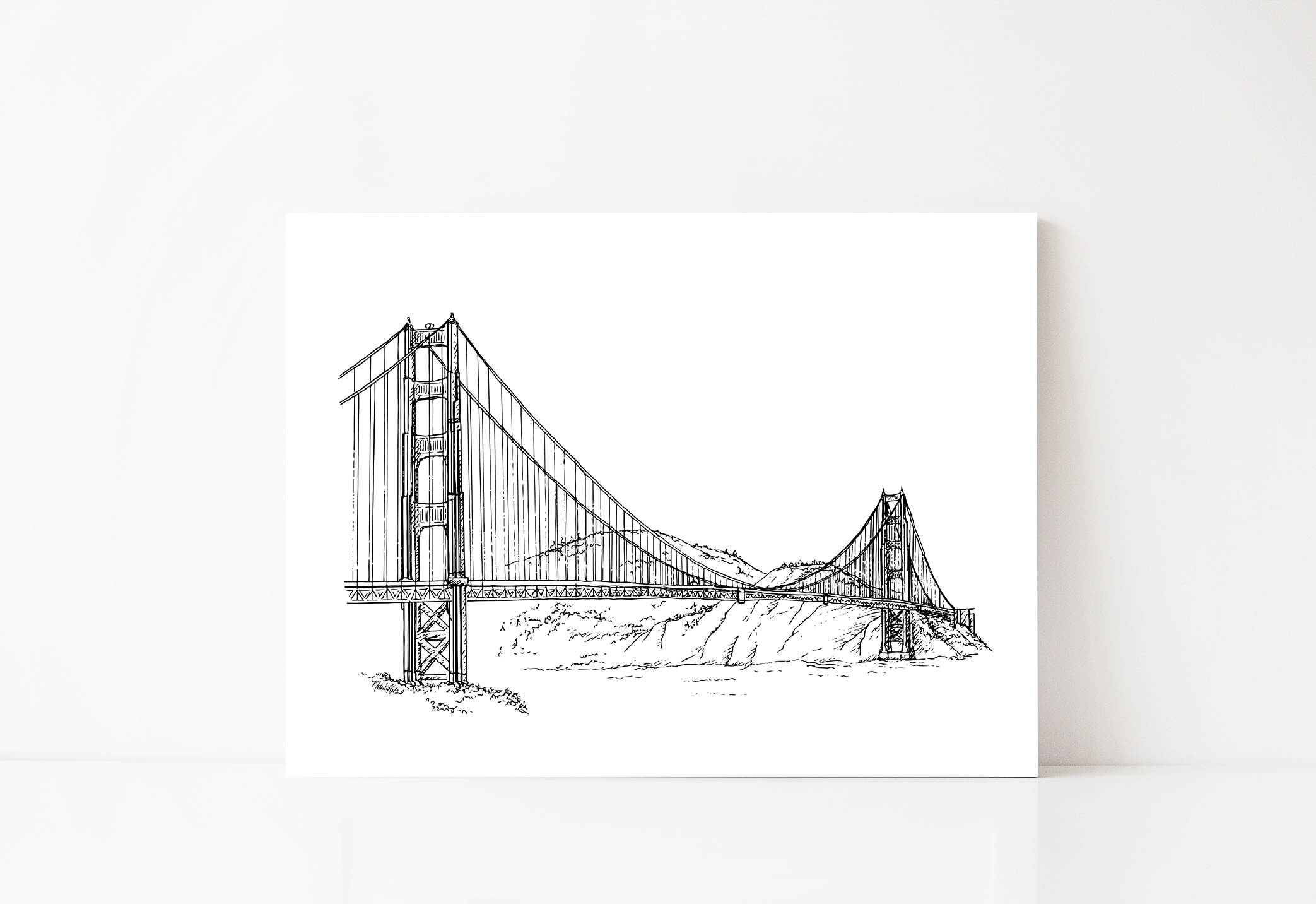 2086x1432 San Francisco Golden Gate Bridge Black And White Ink Drawing Etsy - Golden Gate Bridge Line Drawing