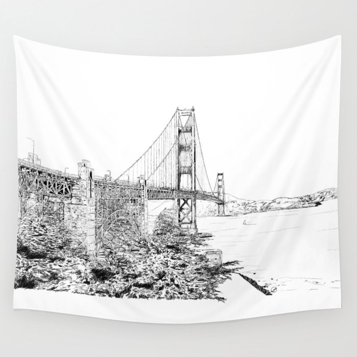 700x700 San Francisco Golden Gate Bridge Ink Drawing Wall Tapestry - Golden Gate Bridge Line Drawing