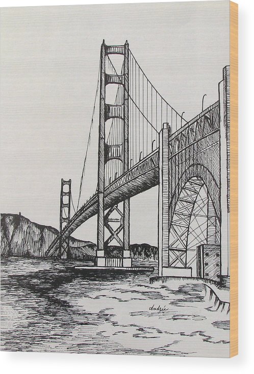 498x732 Golden Gate Bridge Wood Print - Golden Gate Drawing