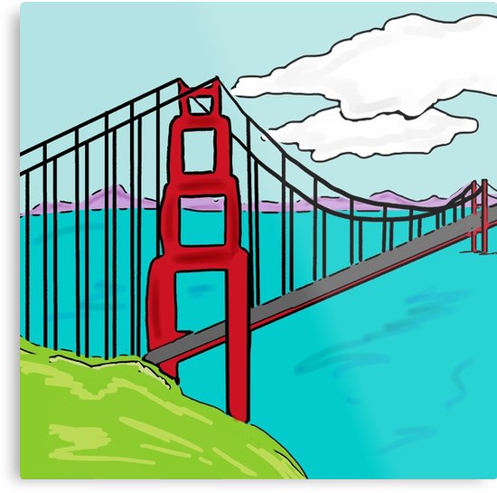 550x545 Colorful Golden Gate Bridge California Drawing Metal Prints - Golden Gate Drawing